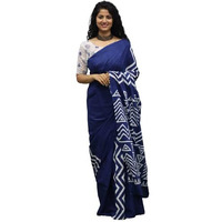 JALTHER Handicrafts Womens Ikat Hand Block Print Jaipuri Cotton Mulmul Saree with Blouse Piece - Blue_368