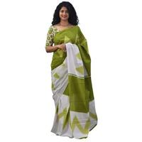 JALTHER Handicrafts Womens Ikat Hand Block Print Jaipuri Cotton Mulmul Saree with Blouse Piece - Green_363