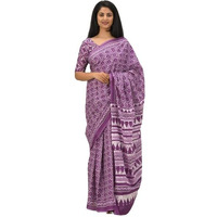 JALTHER Handicrafts Womens Ikat Hand Block Print Jaipuri Cotton Mulmul Saree with Blouse Piece - Purple_38