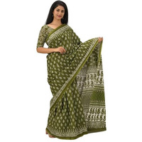 JALTHER Handicrafts Womens Ikat Hand Block Print Jaipuri Cotton Mulmul Saree with Blouse Piece - Green_42