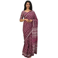JALTHER Handicrafts Womens Ikat Hand Block Print Jaipuri Cotton Mulmul Saree with Blouse Piece -Purple_31