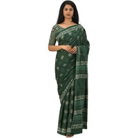 JALTHER Handicrafts Womens Ikat Hand Block Print Jaipuri Cotton Mulmul Saree with Blouse Piece - Green_38