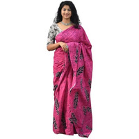 JALTHER Handicrafts Womens Ikat Hand Block Print Jaipuri Cotton Mulmul Saree with Blouse Piece - Pink_361