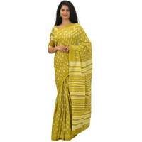 JALTHER Handicrafts Womens Ikat Hand Block Print Jaipuri Cotton Mulmul Saree with Blouse Piece - Green_29