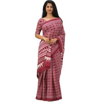 JALTHER Handicrafts Womens Ikat Hand Block Print Jaipuri Cotton Mulmul Saree with Blouse Piece - Maroon_40