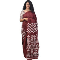 JALTHER Handicrafts Womens Ikat Hand Block Print Jaipuri Cotton Mulmul Saree with Blouse Piece - Maroon_367