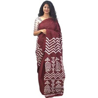 JALTHER Handicrafts Womens Ikat Hand Block Print Jaipuri Cotton Mulmul Saree with Blouse Piece - Maroon