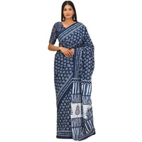JALTHER Handicrafts Womens Ikat Hand Block Print Jaipuri Cotton Mulmul Saree with Blouse Piece - Blue_41