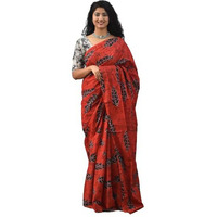 JALTHER Handicrafts Womens Ikat Hand Block Print Jaipuri Cotton Mulmul Saree with Blouse Piece - Red_362