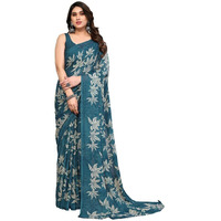 SAMAH Womens Georgette Floral Printed Saree with Unstitched Blouse Piece (3290S135N_Teal)