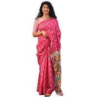 JALTHER Handicrafts Womens Ikat Hand Block Print Jaipuri Cotton Mulmul Saree with Blouse Piece -Pink_Sup594