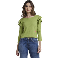 Spykar Women Bay Leaf Blended Regular Fit Full Sleeve Round Neck Plain Tshirt