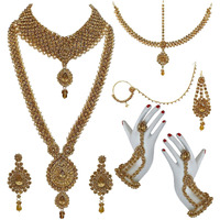 Lucky Jewellery Bridal Dulhan Designer 18k Gold Plated Gold Color Pearl Stone Set 9 pcs. for Women & Girls (3630-IZS-1611-LCT)