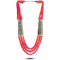 YouBella Fashion Jewellery Antique German Silver Oxidised Plated Tribal Cotton Thread Jewellery Necklace Earring Set for Women & Girls.(Valentine Gift Special). (Pink)