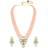 Peora Crystal Faux Pearl Brass Alloy Long Necklace with Drop Earrings Traditional Ethnic Jewellery Set for Women & Girls (Peach)