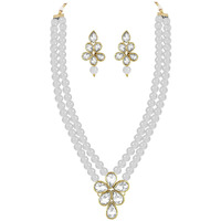 Peora Crystal Faux Pearl Long Necklace with Drop Earrings Traditional Ethnic Jewellery Set for Women & Girls (Grey)