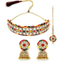 Sukkhi Sporty Gold Plated Multi Kundan & Beads Choker Necklace Set With Jhumki Earring And Maangtika | Jewellery Set For Women (NS105519)