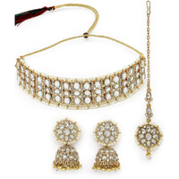 Sukkhi Sporty Gold Plated White Kundan & Beads Choker Necklace Set With Jhumki Earring And Maangtika | Jewellery Set For Women (NS105521)