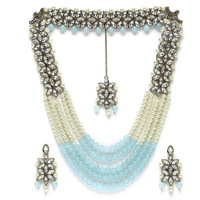 ZENEME Jewellery Sets for Women Gold Plated Bridal Long Necklace Set Neck Choker with Earrings and Maang Tikka for Women & Girls (Blue & White)