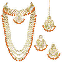Peora 18K Gold Plated Kundan Faux Bead Bridal Necklace Jewellery Set for Women Girls