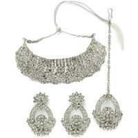 Sukkhi Unique Fashionable Rhodium Plated Silver AD Stone Choker Necklace Set With Earring And Maangtika | Jewellery Set For Women (NS105606)