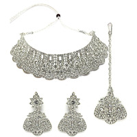 Sukkhi Universal Rhodium Plated Silver AD Stones Choker Necklace Set With Earring And Maangtika | Jewellery Set For Women (NS105485)