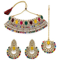 Sukkhi Delightful Trendy Gold Plated Multi Kundan & Beads Choker Necklace Set With Earring And Maangtika | Jewellery Set For Women (NS105575)