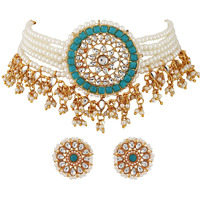 Shining Diva Fashion Latest Stylish Choker Traditional Pearl Kundan Necklace Jewellery Set for Women (Blue)(12817s), One
