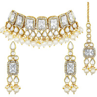 Peora Gold Plated Traditional Kundan Choker Necklace Jewellery Set with Earring Maang Tikka for Women Girls (White)