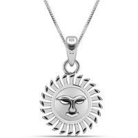Silver Style 925 Sterling Silver Oxidized Sun God Religious Pendant Necklace for Men