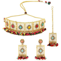 Sukkhi Beautiful Squared Shaped Multi Beads With Gold Plated Choker Necklace Set With Earring And Maangtika | Jewellery Set For Women (NS105542)