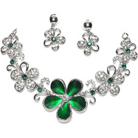 ZENEME Rhodium-Plated American Diamonds Studded Floweret Necklace With Earrings Jewellery Set For Girls and Women (Green)
