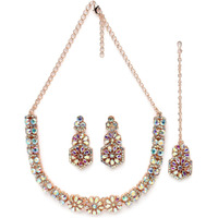 Sukkhi Fusion Rose Gold Plated Rose Rainbow Stone Collar Bone Necklace Set With Earring And Maangtika | Jewellery Set For Women (NS105601)