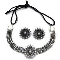 LACUM Faishon Jewellery Oxidised German Silver Traditional Chocker Necklace Pendant Set with and Without Earring for Women & Girls Silver & Golden (LAC149NOS07) (BIG_DOTS)