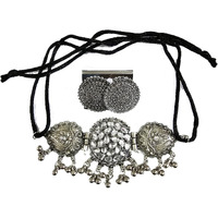 LACUM Faishon Jewellery Oxidised German Silver Traditional Chocker Pendant Set for Women & Girls Silver (LAC149NOS07) (KUNDAN 3PS)