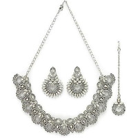 Sukkhi Classic Style Rhodium Plated Silver AD White Stones Collar Bone Necklace Set With Earring And Maangtika | Jewellery Set For Women (NS105645)