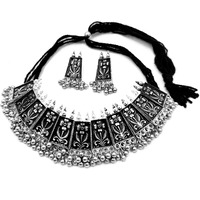 LACUM Faishon Jewellery Oxidised German Silver Brass Peacock Chocker Necklace Set for Women & Girls Silver (LAC149NOS07) (Peacock_beads)