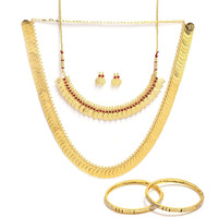 ZENEME Jewellery Set Gold Plated Brass Bangles, Traditional Haram Maharani Temple Coin and Red Temple Coin Necklace Set With Earring Wedding For Women & Girls