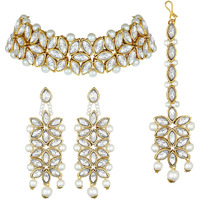 Peora Traditional Gold Plated Kundan Pearl Bridal Choker Necklace Jewellery Set with Earring Maang Tikka for Women Girls