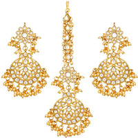Peora Traditional Jewellery White 18K Gold Plated Kundan and Pearl Maang Tikka Earring Set for Women Girls