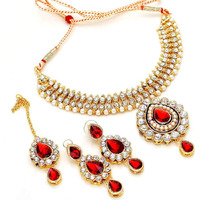 Handicraft Kottage  Gold Plated Strand Necklace Set for Women (Red)