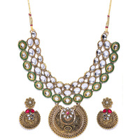ZAVERI PEARLS Antique Gold Tone Finely Detailed Kundan Necklace Set For Women-ZPFK7248