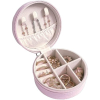 Awestuffs Jewellery Travel Case, Small Jewelry Box, Traveling Jewelry Organizer, PU Leather Storage Box, Portable Jewellery Storage Holder (Pink Round)