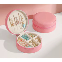 House of Quirk Travel Jewelry Box, Mini Portable Organizer with Zipper, Faux PU Leather Small Storage Boxes for Rings, Earrings, Necklaces, Bracelets, Gift for Women Girls (Round, Pink)