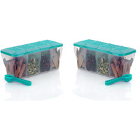 LEAWALL Multipurpose Plastic 4 in 1 Masala Box for Kitchen, Spice Boxes for Kitchen,4 Compartment Storage Containers Grocery,Cereal,Dry Fruits Dabba 1800 Ml with 4 Spoons(2 Pc Skyblue)