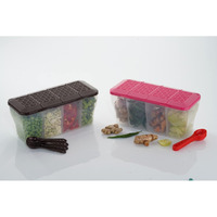 LEAWALL Multipurpose Plastic 4 in 1 Masala Box for Kitchen, Spice Boxes for Kitchen,4 Compartment Storage Containers Grocery,Cereal,Dry Fruits Dabba 1800 Ml with 4 Spoons (1 Pc Brown &1 Pc Pink)