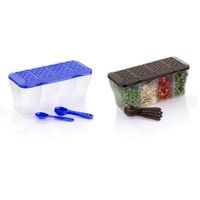 LEAWALL Multipurpose Plastic 4 in 1 Masala Box for Kitchen, Spice Boxes for Kitchen,4 Compartment Storage Containers Grocery,Cereal,Dry Fruits Dabba 1800 Ml with 4 Spoons (1 Pc Blue & 1 Pc Brown)