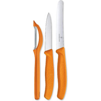 Victorinox Stainless Steel Kitchen Knife Set of 3, Swiss Classic - 11 cm Serrated/Wavy Edge, 8 cm Straight Edge and a Universal Peeler for Professional and Household Kitchen, Orange, Swiss Made