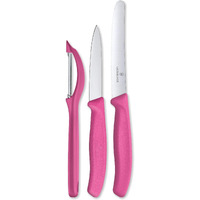 Victorinox Stainless Steel Kitchen Knife Set of 3, Swiss Classic - 11 cm Serrated/Wavy Edge, 8 cm Straight Edge and a Universal Peeler for Professional and Household Kitchen, Pink, Swiss Made