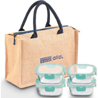 Allo Food Safe Glass Lunch Box With Breakfree Detachable Lock, Microwave Safe Lunch Box Borosilicate Glass Tiffin For Office With Jute Tiffin Bag, Set Of 4, 310Ml X 4, Beige